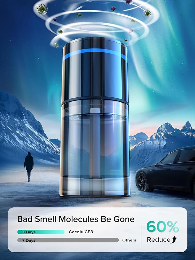 Ceeniu Smart Car Air Freshener, New Car Smell, Larger 135ml Capacity, Long-Lasting 6-Month Fragrance, Auto On/Off, Quiet Operation, Stylish Ambient Light, Premium Scent for Men, CF3 Pro Diffuser