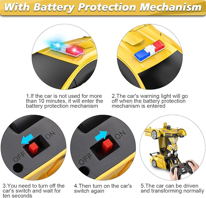 Remote Control Car for Boys 4-7, 2.4GHz RC Car 1:18 Scale, One-Button Transforming Toy with 360° Spins, LED Lights（Yellow）