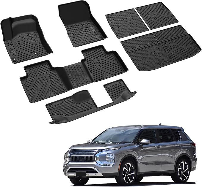 LASFIT Floor Mats & Backseat Cargo Mat for Mitsubishi Outlander 2022-2025 (Not Fit PHEV or Sport Models), TPE All Weather Protection Custom Fit 3 Row Rubber Floor Liners, Black, Easy to Clean