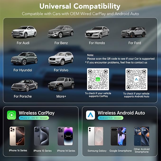 Wireless CarPlay Adapter for iPhone, 2025 Carplay Wireless Adapter for Apple & Android Auto (2016+ Models), Compatible with Cars with Factory Wired Carplay, Car Play Dongle with USB/USB-C (Dark Grey)