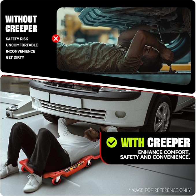 Auto Dynasty 36 Inches Mechanic Creeper, Automotive Garage Repair Low Profile Under Car Rolling Creeper with Padded Headrest, Plastic, Red