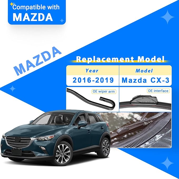 Windshield Wiper Blades Replacement for Mazda CX3 CX-3 2016 2017 2018 2019 Original Factory Quality Front Rear Wipers Blade Set for My Car - 22" 19" 10" (Pack of 3)