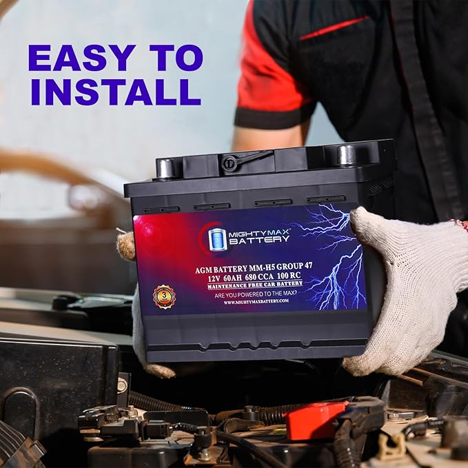 Mighty Max Battery MM-H5 Start and Stop Car BCI Group Size 47 12V 60 AH, 100RC, 680 CCA Rechargeable AGM Car Battery