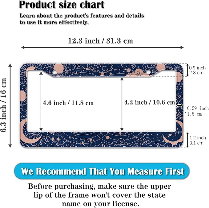 License Plate Frames for Women Blue License Plate Holder for Men Moon Sun Universal Aluminum Car Accessory 2 Pack with Screw Covers Set