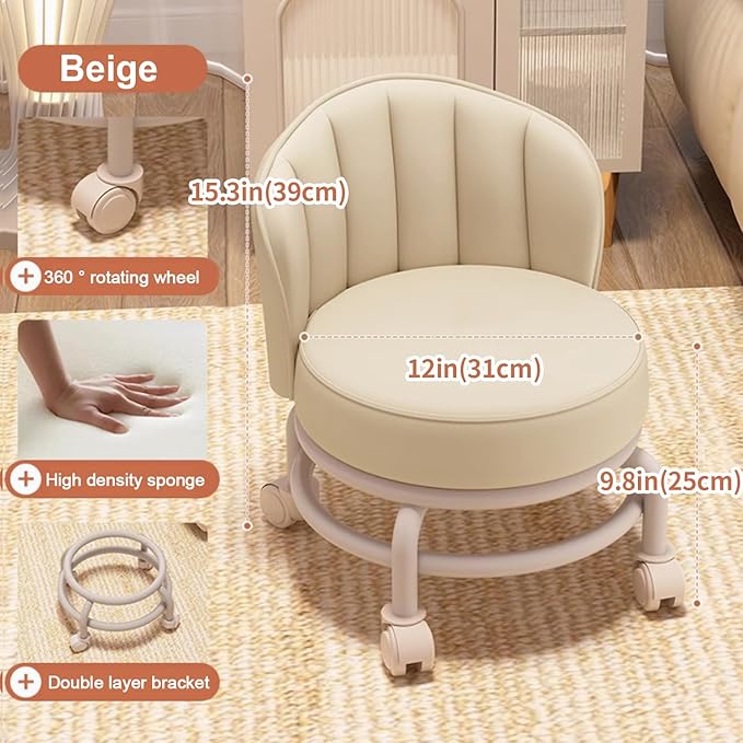 Low Rolling Stool with Backrest,Rolling Pedicure Seat,Low Stool with Wheels for Home, Office, Garage, Shop, Library (White)