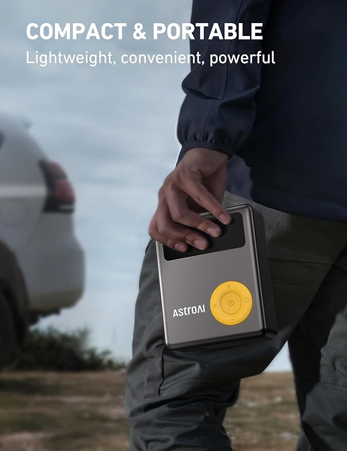 AstroAI Portable Car Jump Starter with Air Compressor, 150PSI 1750A Car Jumper Starter Battery Pack with Cordless Tire Inflator (7.5 Gas/5.0L Diesel), 12V Jump Box, Large LCD Display, Lights(Yellow)