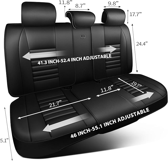 CAR PASS Back Seat Covers, Nappa Leather Rear Seat Bench Cushion Lined Sponge Waterproof Breathable PU Split Back Row Protector Universal Fit for Car Vehicle Sedan SUV Pickup Truck, Back Rear Seats