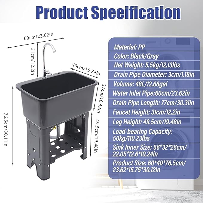 Free Standing Utility Sink with Washboard Laundry Tub Sink for Outdoor,Garage,Basement,Garden wuth Faucet,Drain,Storage Shelf (Gray, 23.6 * 15.8 * 30.1in)