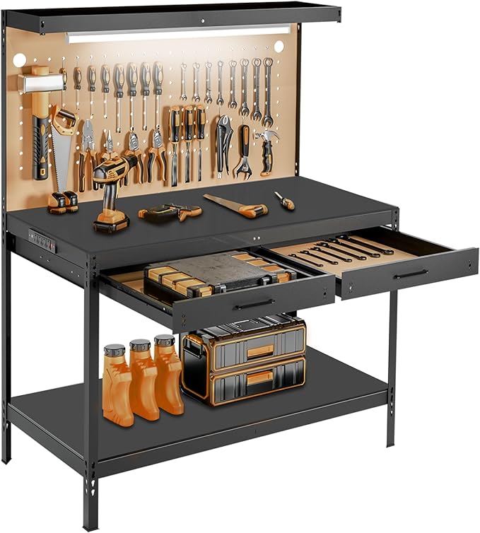 Work Bench, Work Benches for Garage, Work Table, A3 Steel 600LBS Capacity Workbench for Garage Tool Storage Workshop Basement, Tool Table Bench