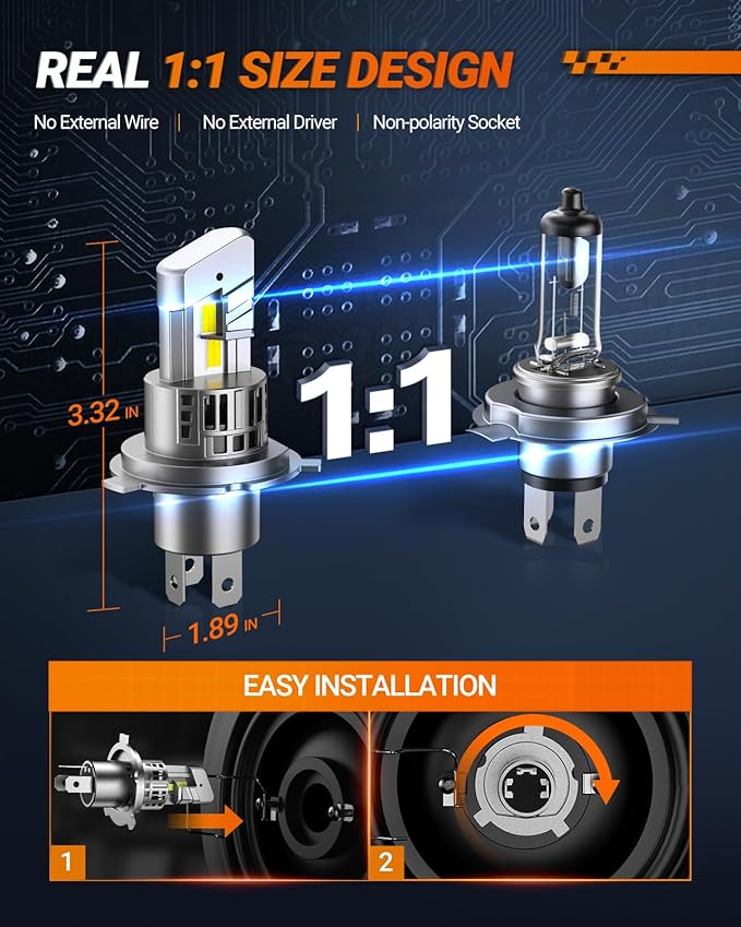 SEALIGHT H4 9003 HB2 Fog Bulbs, 30000LM 6500K Cool White, 1:1 Mini Size, H4 Bulb with 13000RPM Cooling Fan, 3 Mins Plug-N-Play, Non-Polarity, Pack of 2