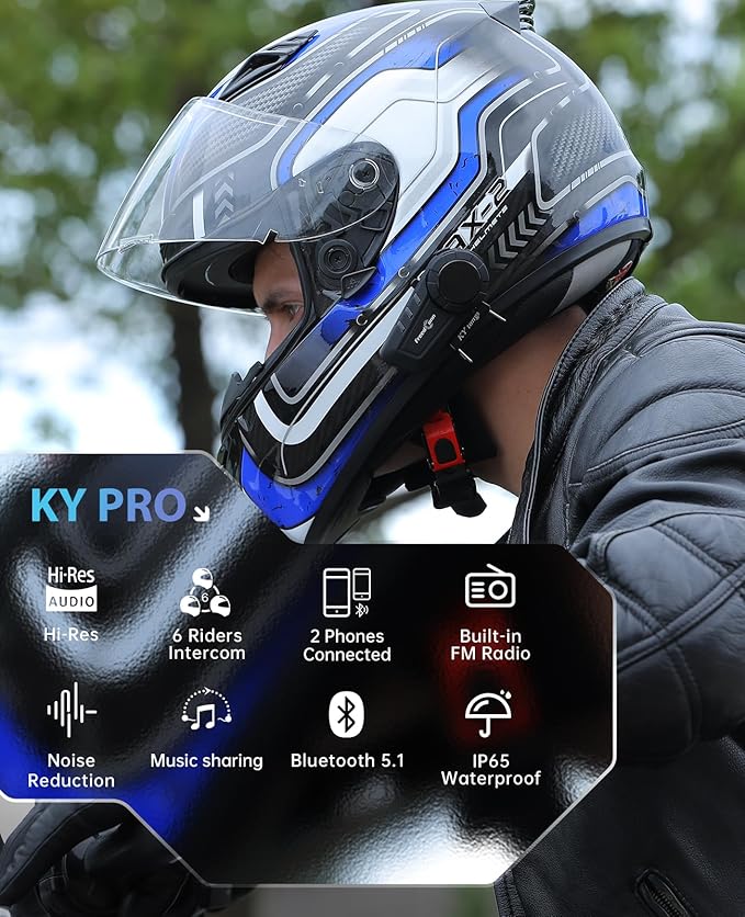 FreedConn KY PRO Hi-Res Motorcycle Helmet Bluetooth Headset, Motorcycle Communication Systems with CVC Noise Cancellation, Stereo Music, 6 Riders 1200m intercom, Dual Device Connection, IP65, 2 Pack