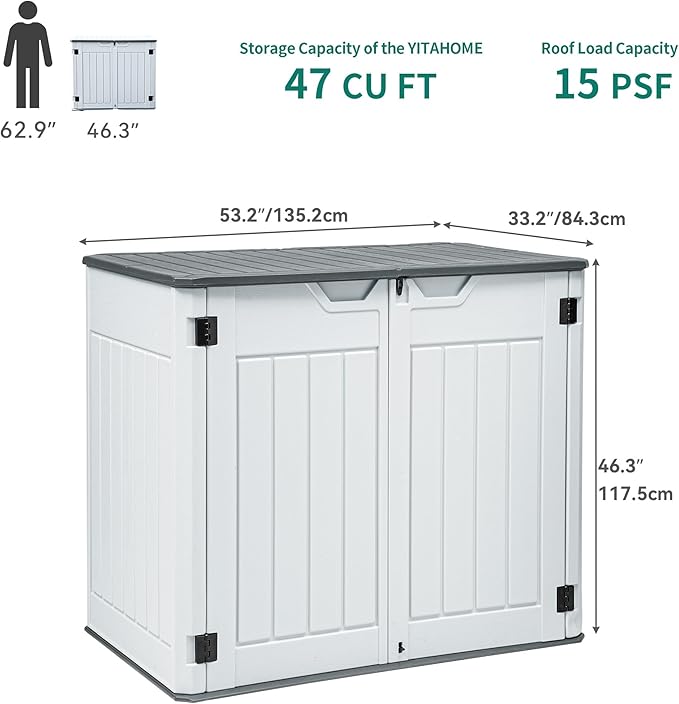 YITAHOME Extra Large Outdoor Horizontal Storage Shed, 4.5x4ft Resin Tool Sheds w/o Shelf, Easy to Assemble Waterproof Storage for Trash Cans, Garden Tools, Lawn Mower, Lockable, Light Gray