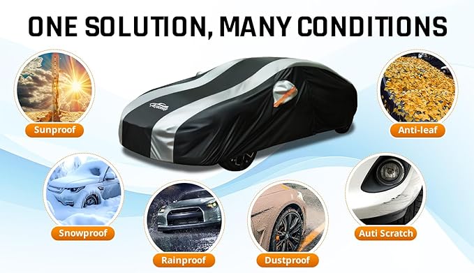 Car Covers for Automobiles All Weather Waterproof with Silver Stripe Design, Universal Fit Ford Mustang, Chevrolet Camaro, Toyota Camry, Honda Accord Civic, Nissan Altima,Tesla Model 3