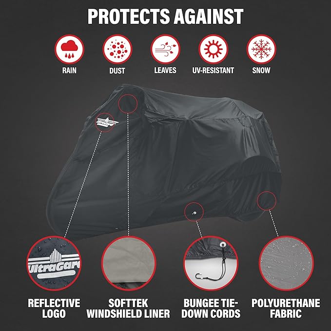 Motorcycle Trike Cover - Weather-Resistant with Elastic Hem, Rustproof Grommets, Storage Bag, Windshield Liner, Antenna Flaps & Expandable Windshield Pockets