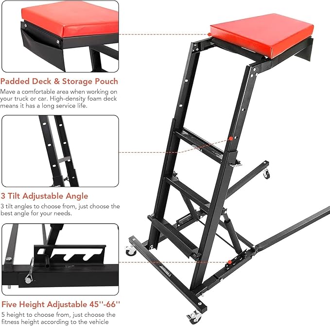 440 Lb Capacity Heavy Duty Topside Automotive Creeper, Adjustable Height 48"-66" with 4 Swivel Casters for Truck, Garage, Auto Repair & Maintenance