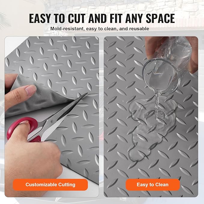 VEVOR Floor Mat, 13 x 4.9 FT PVC Flooring Roll, Non-Slip Diamond Texture, 64.58 sq.ft Covering Space, Garage Mats for Under Cars, Gyms, Boats, Car Trailer, Silver