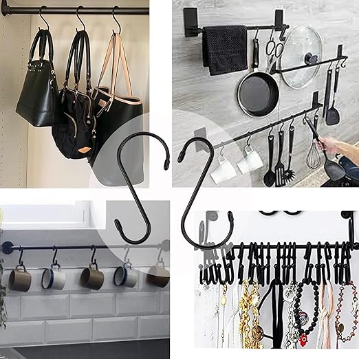 24 Pack 4 inch Large Vinyl Coated S Hooks with Rubber Stopper Non Slip Heavy Duty S Hook, Steel Iron Rubber Coated Closet S Hooks for Hanging Jeans Necklace Plants Cups Jewelry Pot Pan Towels, Black