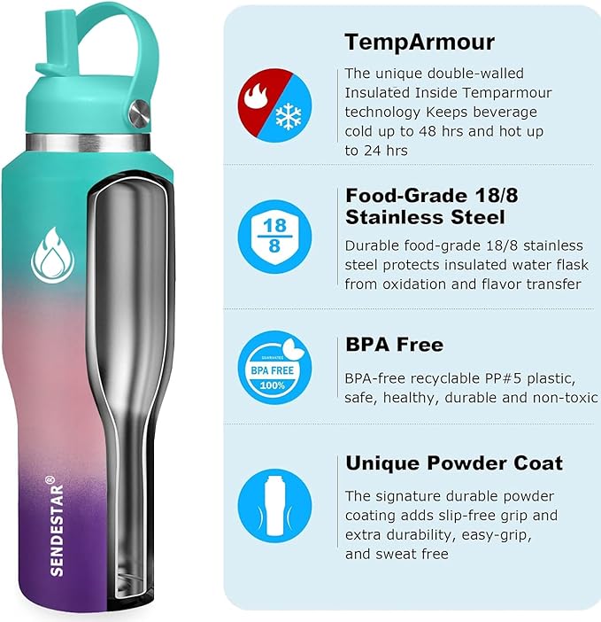 SENDESTAR 40oz Stainless Steel Water Bottle(Cold for 48 Hrs, Hot for 24 Hrs),Double Wall Vacuum Insulated Bottle with Straw Lid, Spout Lid and Flex Cap, Fit in Any Car Cup Holder