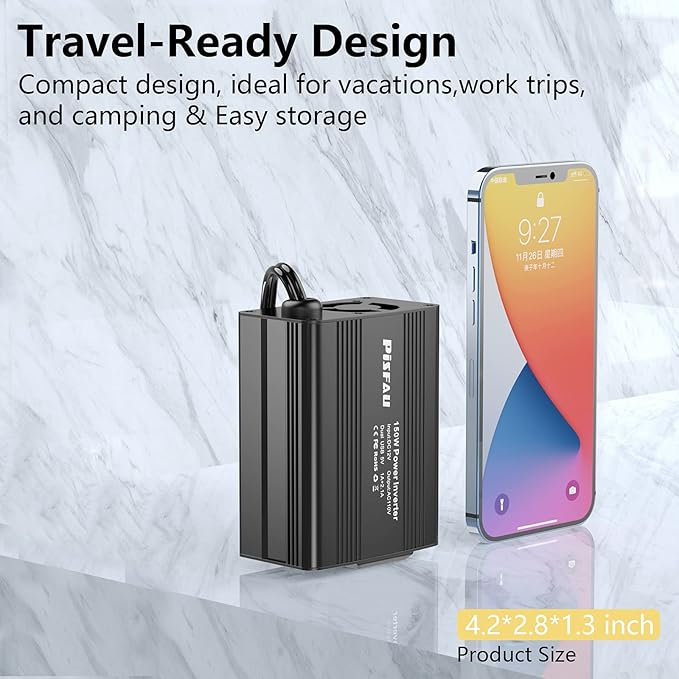 150W Power Inverter 12V DC to 110V AC Car Plug Adapter Outlet Converter with 3.1A Dual USB AC car Charger for Laptop Computer Black