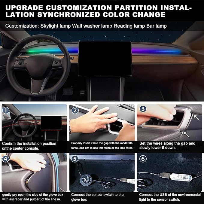 Dream+Color Acrylic Interior Car LED Strip Light with Motion Sensor Switch, 55.1 inches Neon LED Strip Light, RGB Colors Ambient Lighting Kits