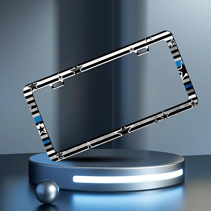 American Flag Blue Line License Plate Frame Star Flag License Plate Frames Personalise Stainless Steel Funny Design Compatible With Standard License Plate Holder For Usa Canada 6 X 12 Inch With Screws