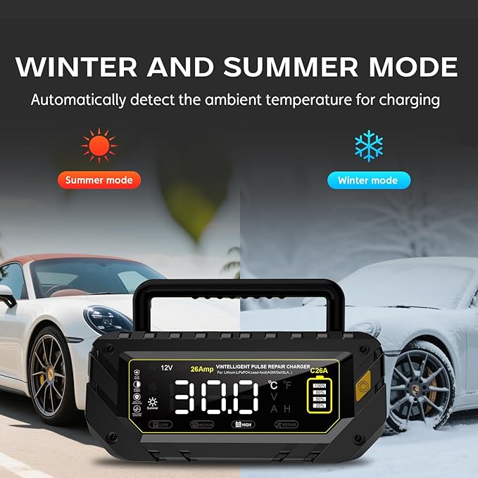 Battery Charger 0-26A 6V/12V/24V Lithium LiFePO4 Lead Acid, Fully Automatic Car Battery Maintainer, Smart Trickle Charger, Automotive w/Pulse Repair for AGM, STD, Gel, Deep Cycle Batteries ﻿