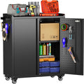 Garage Storage Cabinet with Wheels & Pegboard, 34.3" H Locking Metal Tool Storage Cabinet with Doors and Shelf & 4 Hooks for Garage, Home, Workshops, Assembly Required, Black
