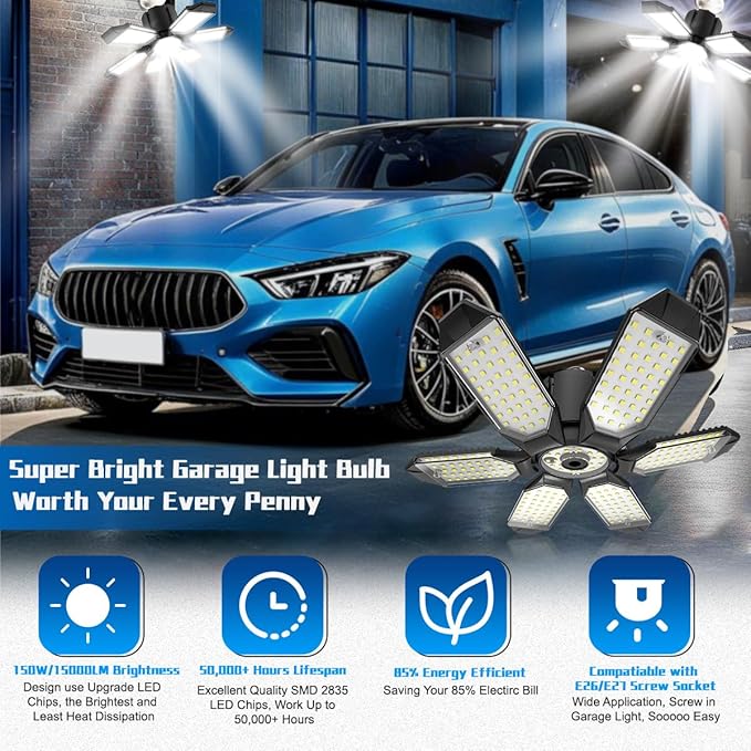 Garage Light Bulbs - Garage Lights Led Screw into Bulb Socket with 6 Deformable Panels 6500K Basement Light Fixture E26 Base Led Shop Lights for Basement Workshop Warehouse Attic - 4Pack