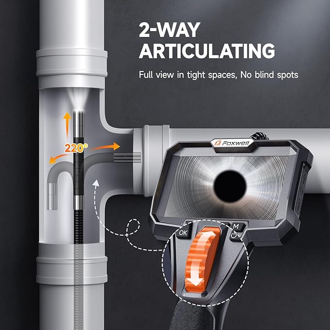 FOXWELL Y400 2-Way Articulating Borescope Camera with Light, Industrial Endoscope Inspection Camera with Articulated Snake Cameras, HD Video Scope for Automotive Engine HVAC Inspection-5.25FT Cable