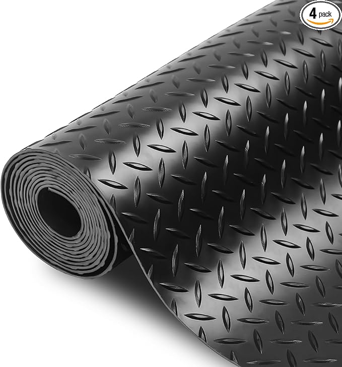SEAL 4 x 15 Ft Premium Garage Floor Mat, Solid 2.8mm Thickened Black Commercial Grade Heavy Duty Parking Mat for Garage Floor, Golf Cart, Water/Stain Resistant Floor Runner (Embossed Diamond Plate)