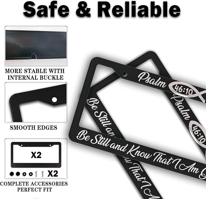 License Plate Frames Black and White License Plate Frame Psalm 46:10 Be Still and Know That I Am God Aluminum Metal Car Accessory 2 Pack with Screw Covers Set