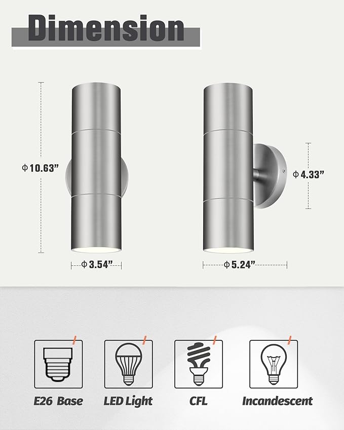 Ken & Ricky 2 Pack Stainless Steel Outdoor Wall Lights, Up Down Exterior Lighting Fixtures, Cylinder Outdoor Sconce Lights, Brushed Nickel Patio Wall Light Fixture, KR3305-SS-2PK