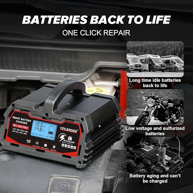 Battery Charger 40A, 12V/24V Lead Acid Smart Battery Charger, 12V LiFePO4 Car Battery Trickle Charger, Automatic Battery Maintainer for Car Motorcycle Lawn Mower Marine Boat Lead Acid Batteries