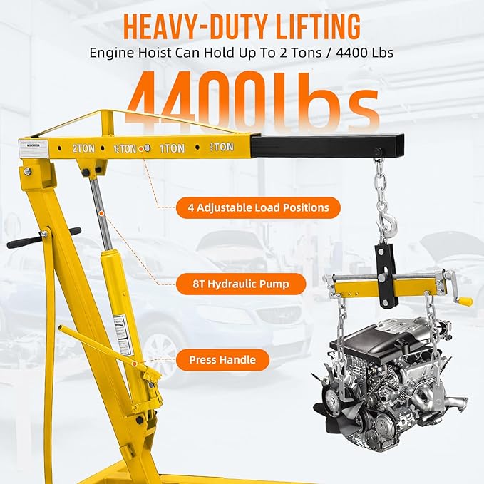2 Ton Folding Engine Hoist with Lever, Cherry Picker Shop Crane Hoist Lift, 4400 Lbs Heavy Duty Steel Hydraulic Shop Engine Crane for Workshop and Garage, Yellow