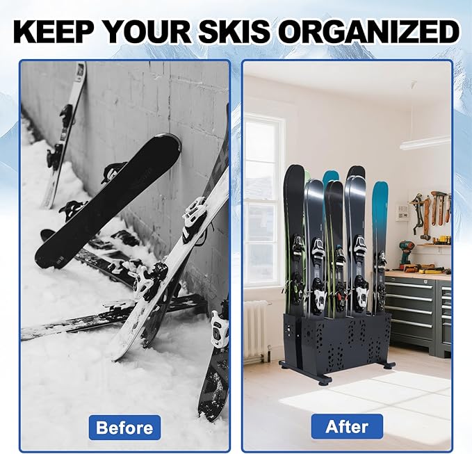 Freestanding Ski Storage Rack for 4 Pairs, Floor Stand Ski Organizer Rack, Heavy Duty Alloy Steel Ski Holders Ski Organizer, Freestanding Ski Organizer for Garage Basement