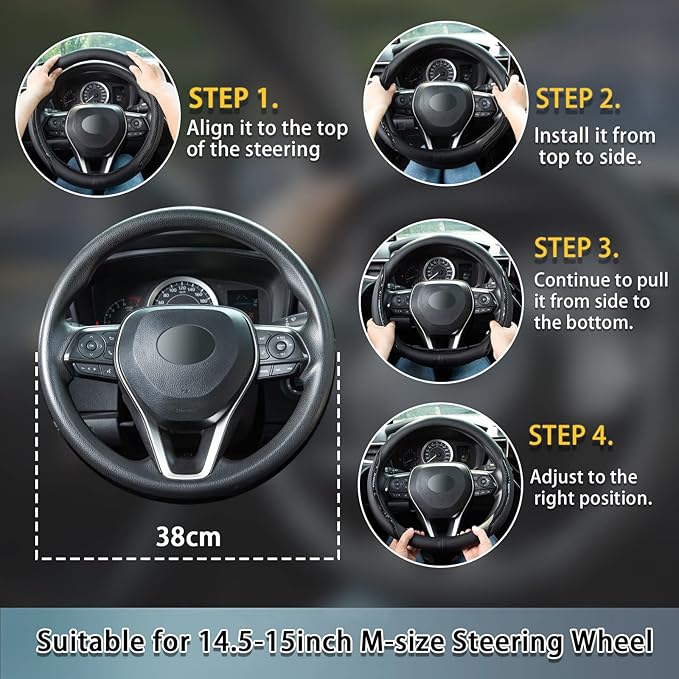 Car Steering Wheel Cover Beige, 14.5-15 inch Steering Wheel Covers with Coasters Microfiber Leather Carbon Fiber Breathable Anti-Slip Durable Universal Auto Steering Wheel Protective