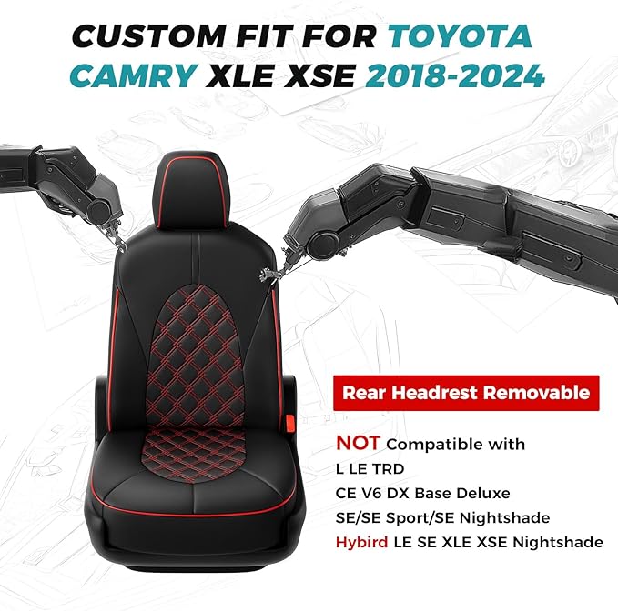for Toyota Camry Seat Covers XLE XSE V6 2018 2019 2020 2021 2022 2023 2024 - Custom Fit Car Seat Covers Full Set, Breathable Waterproof Leather Seat Covers for Cars, Black Red Not for Hybrid