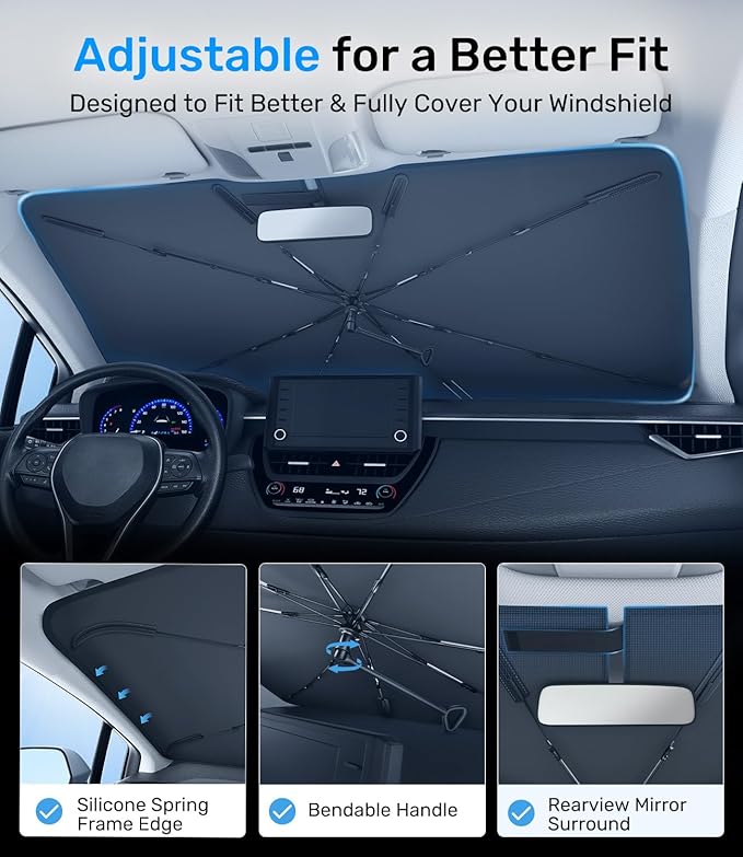 Zanch 2025 Upgraded Car Windshield Sun Shade [Cool Down by 75℉ ] with Heat Insulation Coating, Foldable Sunshade Umbrella Flexible Handle & Ribs, Medium (57''x32'') for Car, SUV, Truck, Van