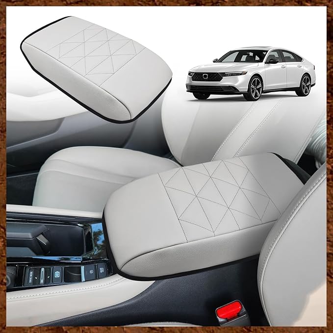 Muslogy for Accord 2025 2024 2023 Center Console Cover Armrest Pad Vegan Leather Extra Soft Armrest Lid Protector Compatible with Honda Accord LX EX Sport Hybrid EX-L Sport-L Touring (V2 White)