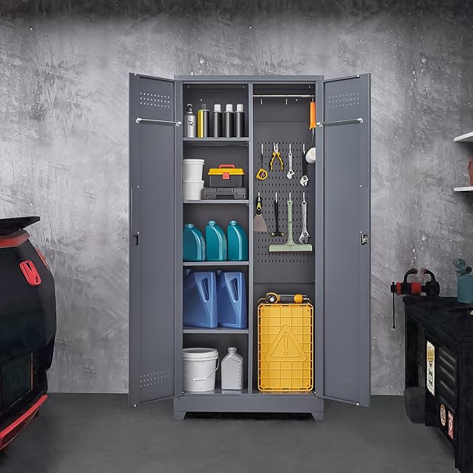 GREATMEET 72.8" Broom Storage Cabinet，Metal Storage Cabinets for Cleaning Supplies with Pegboard, Utility Closet, Broom Mop Cabinet, Grey