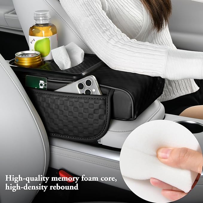 Car Center Console Cover, Armrest Cover for Storing Water Cups, Tissues, Cards, and Phones, 4-in-1 Center Cover with Soft Leather and High Resilience Memory Foam (Black)