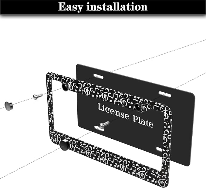 License Plate Cover for Car Black and White License Plate Frames Music Musical Note Aluminum Metal Car Accessory 2 Pack with Screw Covers Set