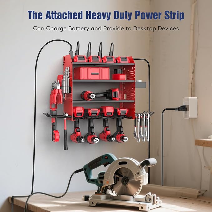 Heavy Duty Power Tool Organizer Wall Mount with Charging Station, 4 Layer Garage Storage Adjustable Shelves Height, Holds 4 Drills, 2 Hooks, Screw & Screwdriver box, Gifts for Fathers Day, Anniversary