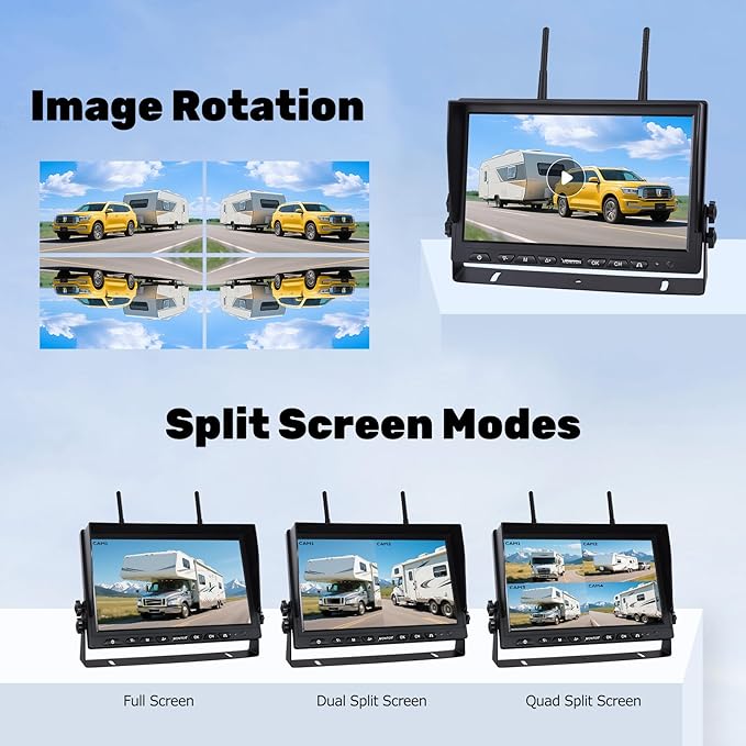 10.1" Magnetic Wireless RV Backup Camera System, 1 Rear Cameras & 2 Side Cameras for Reversing/Monitoring Trailer Camper, 1080P DVR Monitor, 3x9600mAh Waterproof IR Night Vision Cameras, WS3