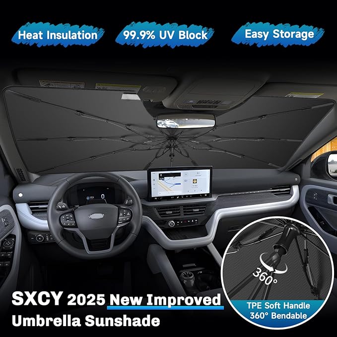 SXCY for 2020-2025 Ford Explorer Windshield Umbrella Sunshade [Easier Foldable] for 2025 Ford Explorer Accessories 2025 Explorer Sunshade Umbrella for 2025 Explorer Windshield Sun Shade Umbrella
