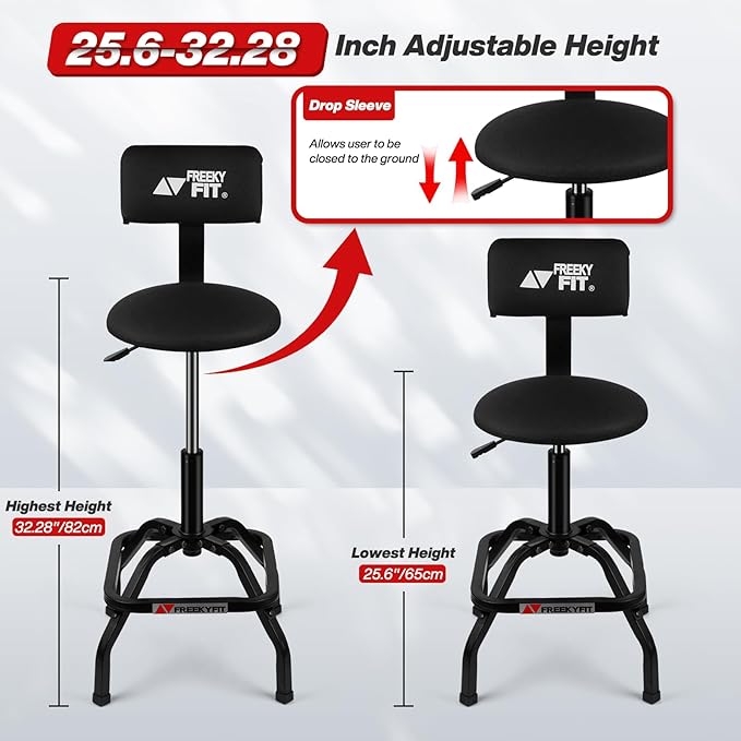 Shop Stool with Backrest, Mechanic Garage Stool for Workshop, Adjustable Shop Stools Chair, Padded Workbench Stools for Men Women, 300 LBS Capacity, 360° Swivel PVC Seat, Heavy Duty, Black