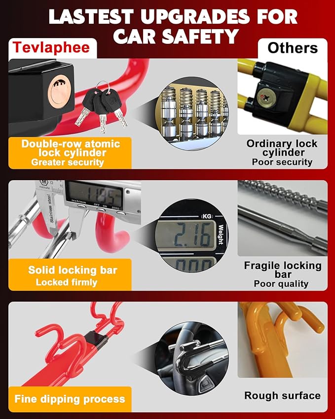 Tevlaphee Steering Wheel Lock Anti-Theft Car Device Heavy Duty Security Car Lock Antitheft Locking Devices Great Deterrent Adjustable Car Wheel Lock Anti Theft for Vehicle Truck SUV with 3 Keys (Red)