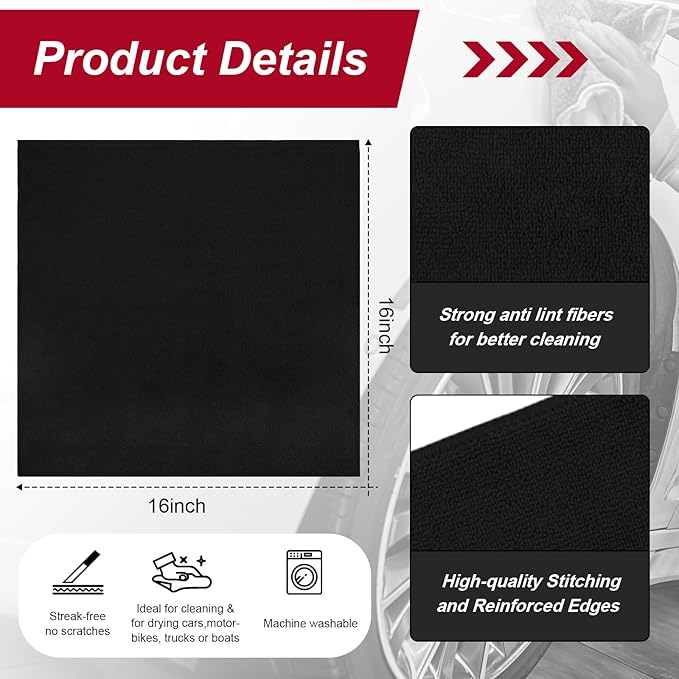 200 Pcs Microfiber Cleaning Cloth 16x16 Inch Microfiber Towels for Car Ultra Absorbent Cleaning Rags Reusable Lint Free Streak Free Detailing Towel for Car Washing Drying Dusting (Black)