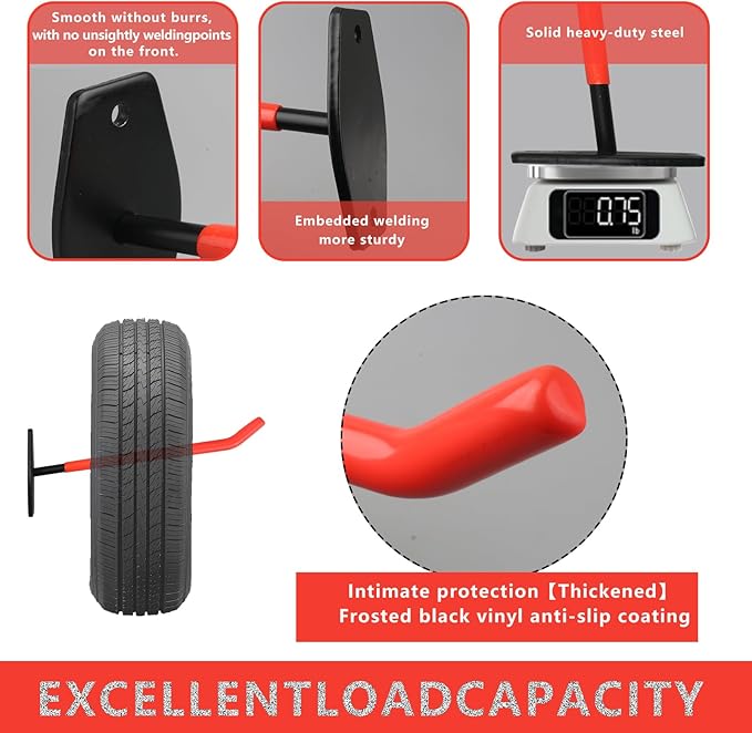 4 Pcs Wall Mount Garage Tires Hooks, 10 Inch Heavy Duty Steel Garage Storage Hooks with Anti-Slip Coating, Hang Tools for up to 88Lbs, for Car Tires, Ladders, Chairs, Ropes