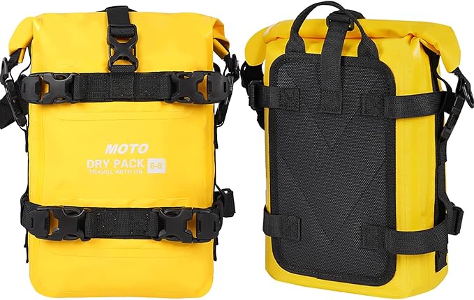 Motorcycle Tail Bag Front Bumper Bag, 8L Roll-top Waterproof Motor Saddle Panniers Luggage Bags for Bike Motorcy-Yellow